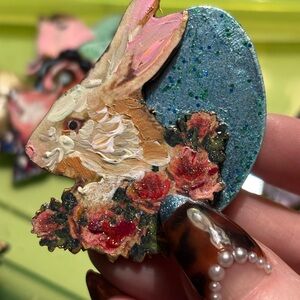 Hand-Painted Bunny Floral Brooch - Blue & Pink
